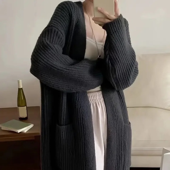 #40 GORGEOUS Chunky Thick Long Over Knee Rib Black Brush Soft Cardigan - Picture 2 of 8